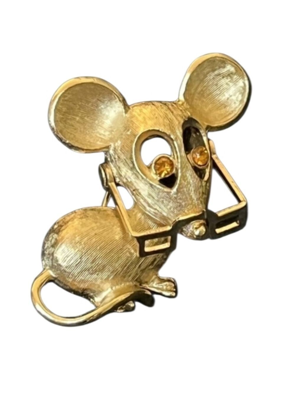 Avon Vintage Goldtone Mouse Brooch Movable Glasses Amber Eyes